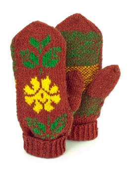Two crocheted mittens on a white background