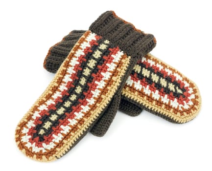 Two crocheted mittens on a white background