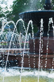 Water jets in a fountain close up