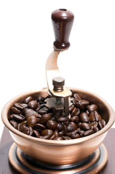 Fresh roasted coffee beans in the manual coffee grinder on white background