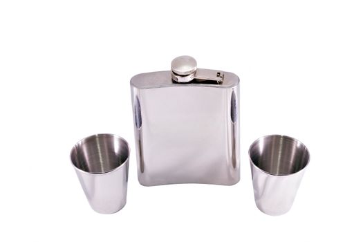 Alcohol Grooved Flask And Two Steel Drinks Isolate on white