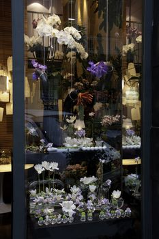 Fresh flowers in bloom inside a florist shop window