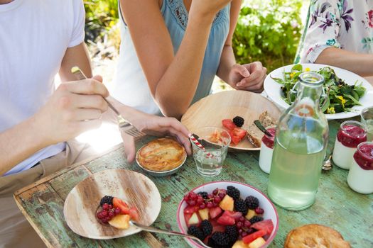 Spread of fresh food at a picnictable outdoors