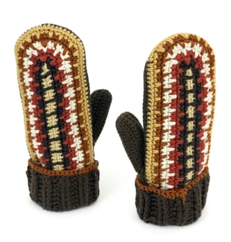 Two crocheted mittens on a white background