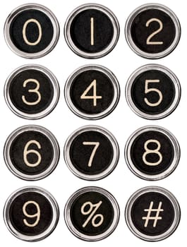 Full set of vintage typewriter number keys including percent and pound signs.  Each key is isolated on white with clipping path.