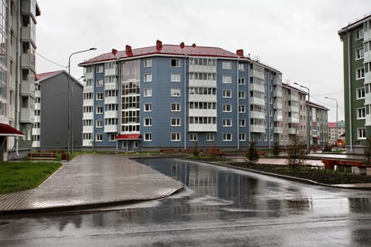 View of the city street in the rain
