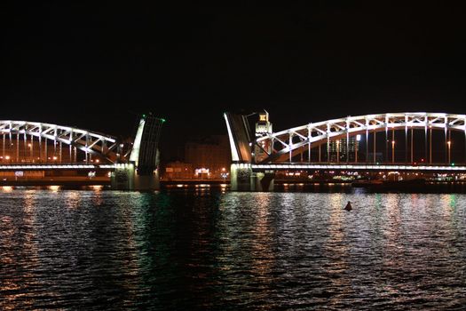 drawbridge at night, St. Petersburg   the Neva River, Peter the Great Bridge