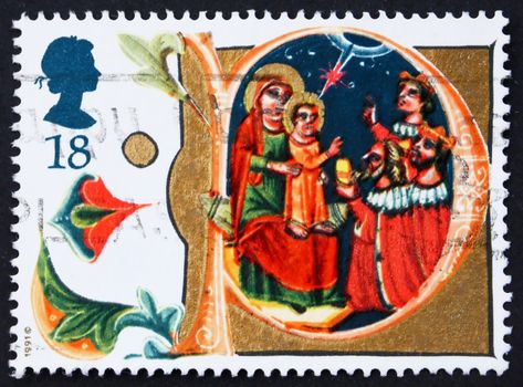 GREAT BRITAIN - CIRCA 1991: a stamp printed in the Great Britain shows Adoration of the Magi, Illuminated Letters from Venetian Manuscript, Christmas, circa 1991