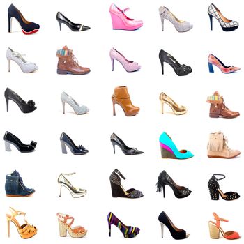 A collage of 30 ladies shoes, high heels, sandals and boots, isolated on a white background.