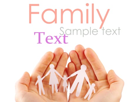 Paper family in hands isolated on white background
