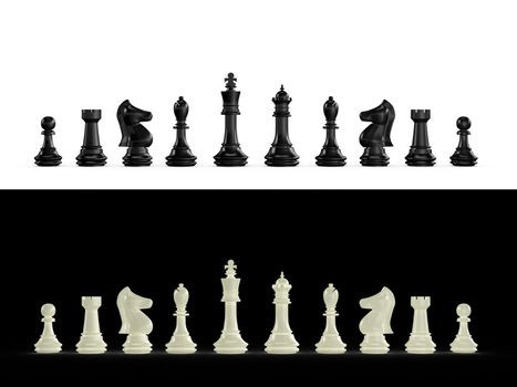 Black and white chess set on white and black background.