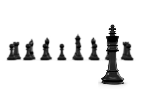 Black king chess piece with others in background. Depth of field, focus on foreground on white isolated background.