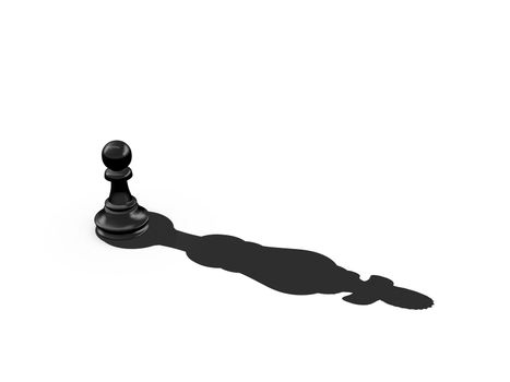 Black chess pawn with the shadow of a king on white background.