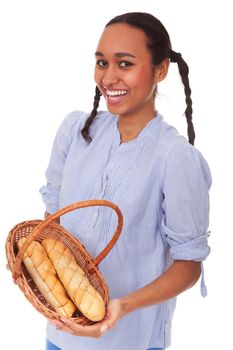 Nice multi-ethnic girl with bread in basket isolated on white background