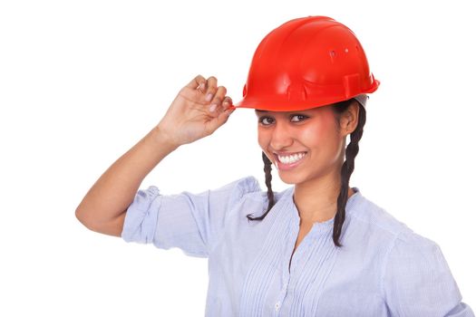 Nice multi-ethnic girl in red hard hat isolated on white background