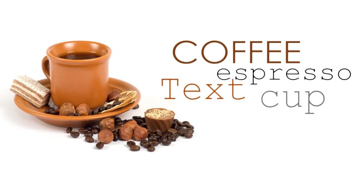Cup of coffee with ingredients on a white background