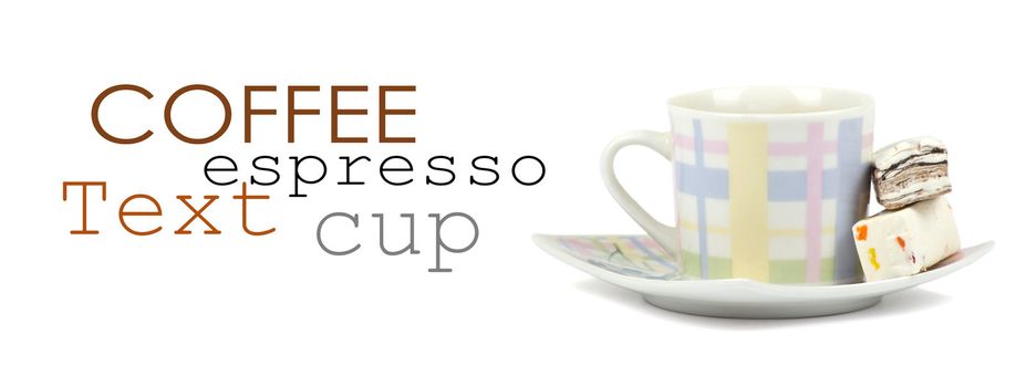 Coffee cup with sweets on white background