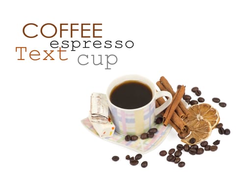 Coffee cup and grain on white background