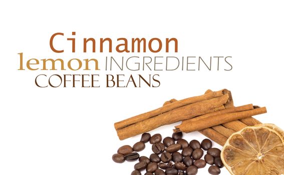coffee beans, cinnamon and lemon isolated on white