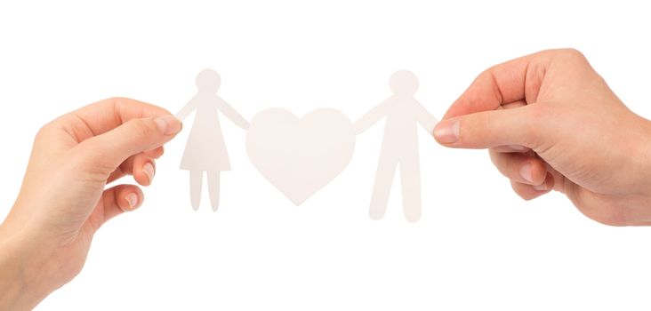 paper family in hands isolated on a white background