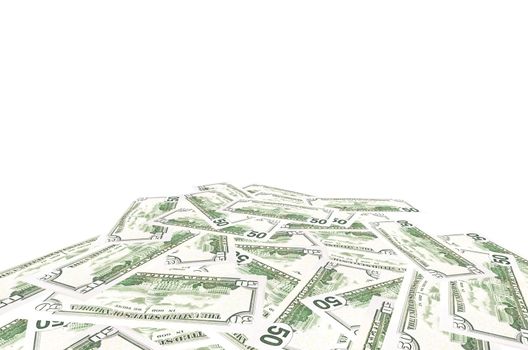 A stack of fifty 50 dollar bills fanned out with the back US Capitol showing on a white background