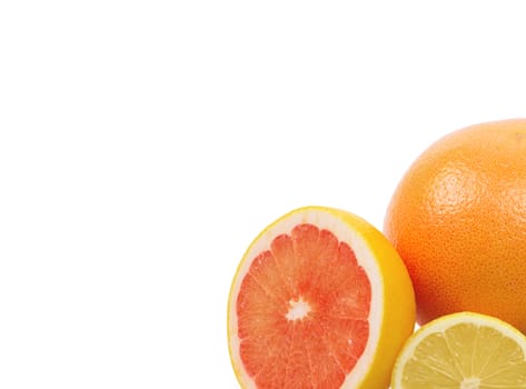 Image of a fresh whole lime, lemon and orange isolated on white
