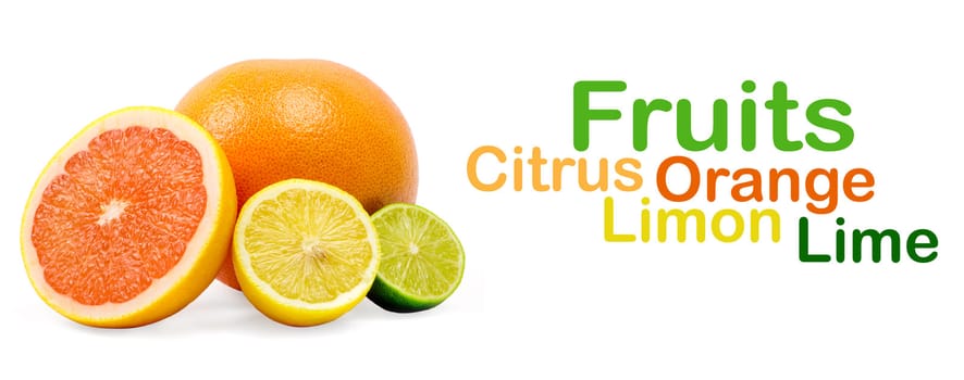 image of a fresh whole lime,lemon and orange isolated on white