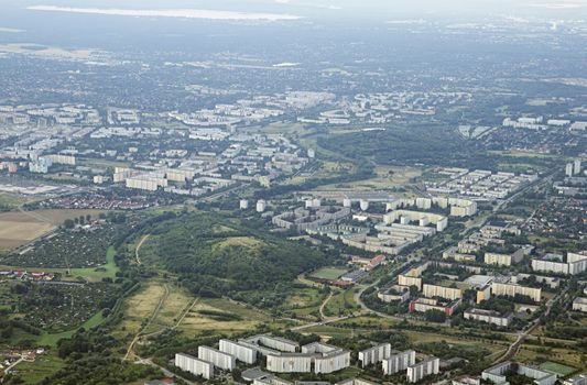 Town  in Europe, view from a flying plane