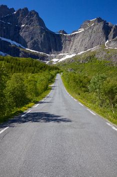 Picturesque road on Lofoten islands to village of Nusfjord in Norway
