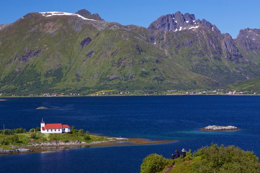 Picturesque church in fjord on Lofoten islands in Norway