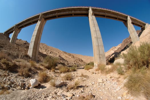 Fisgeye view of bridge in the desert