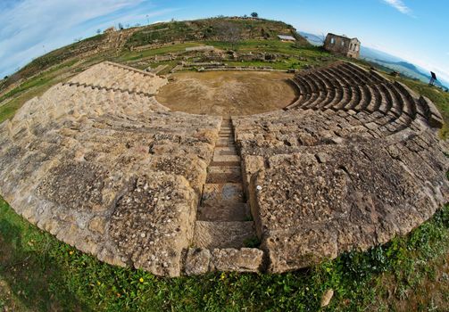 Ancient Greek amphitheater fisheye view in Morgantina, Sicily