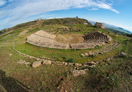 Ancient Greek amphitheater fisheye view in Morgantina, Sicily