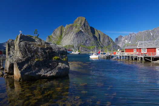 Picturesque town of Reine by the fjord on Lofoten islands in Norway