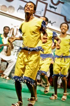 ADDIS ABABA, ETHIOPIA – August 2 - Dancers and musicians perform the traditional dances of different ethnic groups of Ethiopia at a local restaurant on August 2, 2012 in Addis Ababa, Ethiopia