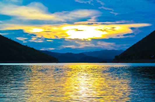 sundown at top of Srinakarin dam Thailand