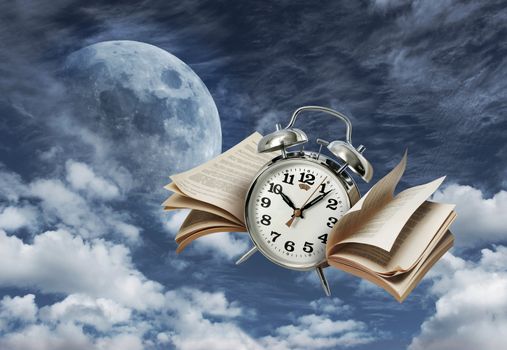 Alarm clock flying on moonlit night sky, time flies concept
