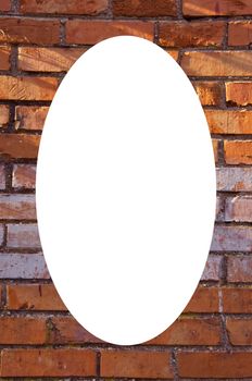 Isolated white oval place for text photograph image in center of frame. Wall made of red and colored bricks. Architectural decision.