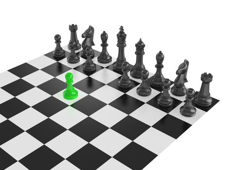 Chess pieces arranged on a chess board and green pawn standing out from the crowd with first move on isolated white background.