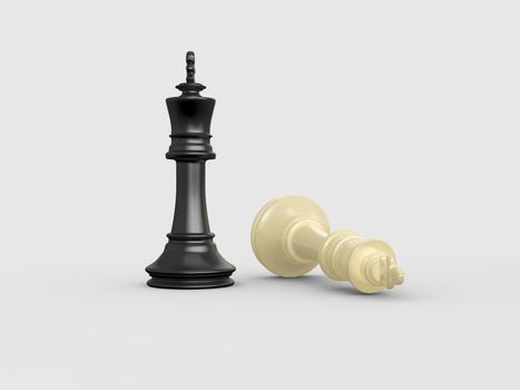 Victory concept. Black defeats yellow king on white background.