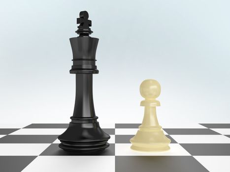 Confrontation of chess pieces king and pawn on board with isolated white background.