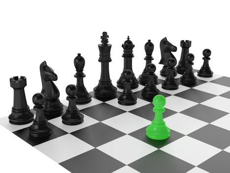 Chess pieces arranged on a chess board and green pawn standing out from the crowd with first move on isolated white background.