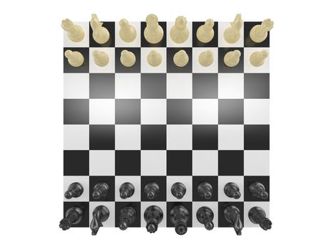Chess board with starting positions aligned chess pieces isolated on white, top view.