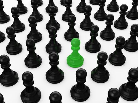 Green pawn standing out from the crowd on white background.