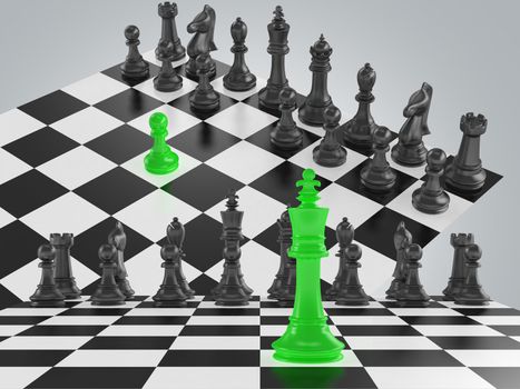 Two chess board and two chess set with green chess pieces.