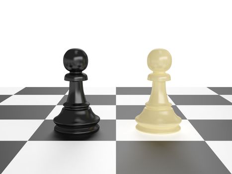 Confrontation of chess pieces pawns on board with isolated white background.