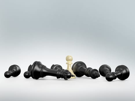 Victory concept. Light pawn defeats dark chess pieces, pawns, queen and king.