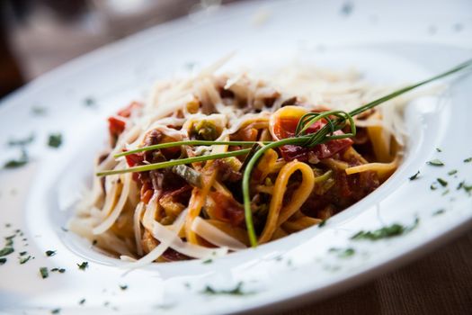 Italy, the best Florence restaurant. Example of Fettuccine Pasta served at the table, no studio photo