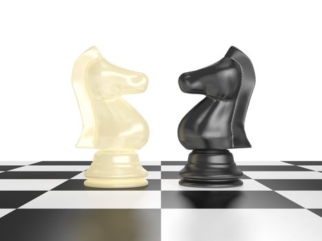 Confrontation of chess pieces knights on board with isolated white background.