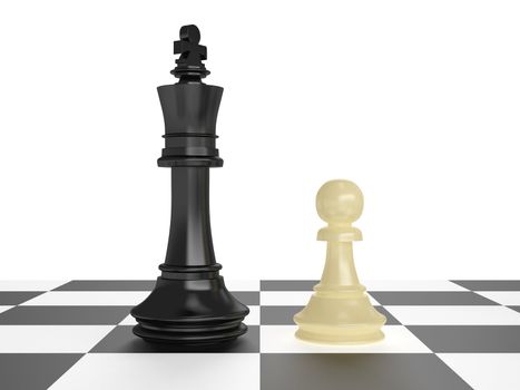 Confrontation of chess pieces king and pawn on board with isolated white background.